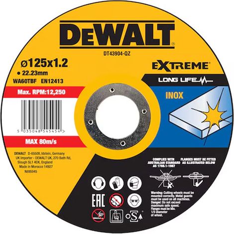 Dewalt – Disque à tronçonner inox 125mm – Grain oxyde d'aluminium – Alésage 22,23mm – Épaisseur 1,2mm – Coupe nette sans éclat