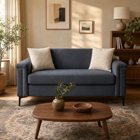 Divano 2 posti nordico 172 cm in lino poliestere grigio scuro con gambe nere (1/5)
