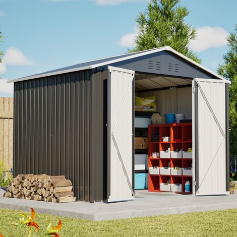 Cobertizo de jardín de metal 240,4 x 192,3 x 191 cm negro con cierre OKMYHOME (1/5)