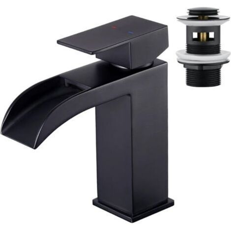 Robinet de Lavabo pour Salle de Bain cascada rectangular et Bonde Pop Up con Trop Plein, Robinet Mitigeur Monocommande de Salle de Bain Carré en Acier Inoxydable Noir Mat