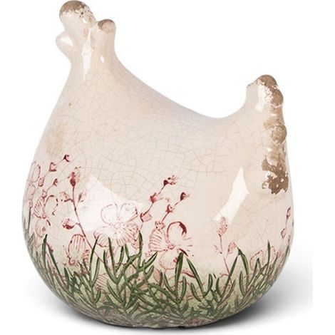 Poulet décoratif céramique beige fleuri 12x11x13cm (1/4)