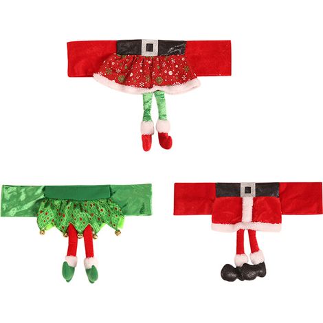 Juego de 3 fundas navideñas para respaldos de sillas (46 x 30 cm), con bandas elásticas rojas que recuerdan al cinturón de Papá Noel. (1/5)