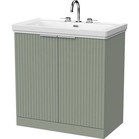 Callingwood Contemporary Floor Standing 2 Door Vanity Unit with Traditional 3 Tap Hole Fireclay Basin , 800mm, Reed Green