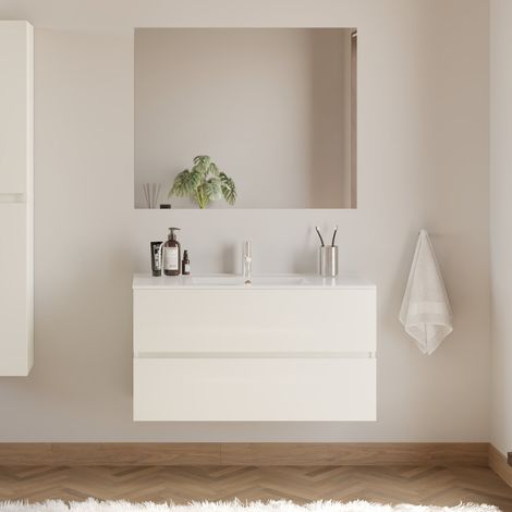 Meuble de salle de bain 90cm simple vasque - 2 tiroirs - blanc brillant - IDA (1/5)