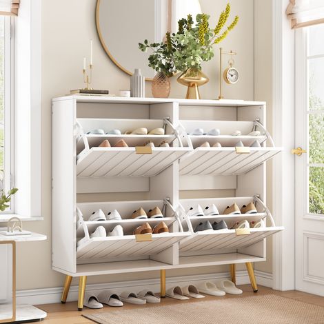 Zapatero en MDF y tablero de partículas blanco, 4 puertas abatibles, separadores regulables, 100 x 24 x 91,5 cm (1/5)