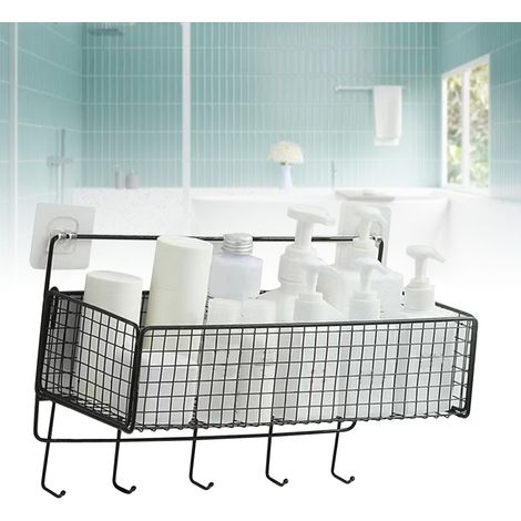 Panier mural de rangement multifonction en fer noir pour cuisine, salle de bain avec crochet portable, installation sans trace (1/5)