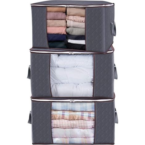 Bolsa de almacenamiento gruesa de tela no tejida para edredones, mantas, almohadas, juguetes, chaquetas y ropa, para guardar debajo de la cama. Color gris, 60 x 43 x 35 cm, paquete de 3 unidades. (1/5)