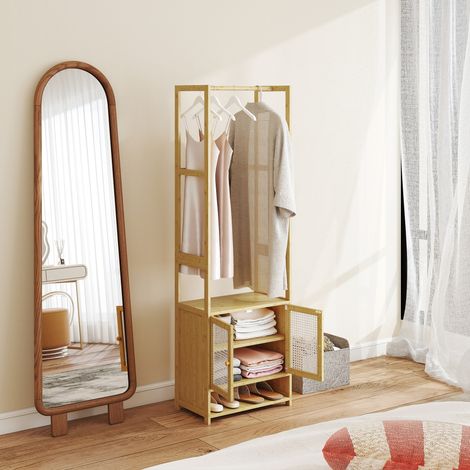 Garderobe aus Bambus mit Schuhschrank, Kleiderstange und verstellbarem Regalboden für den Eingangsbereich, 53 x 31 x 168 cm, Natur