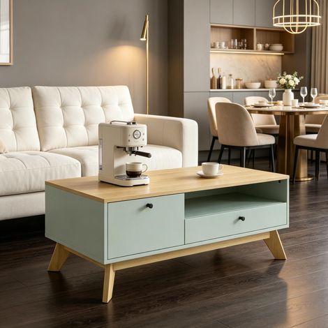 Table Basse 100x50x40cm, avec Tiroir, Porte et Étagère Ouverte, MDF, Vert Clair, Chêne (1/5)