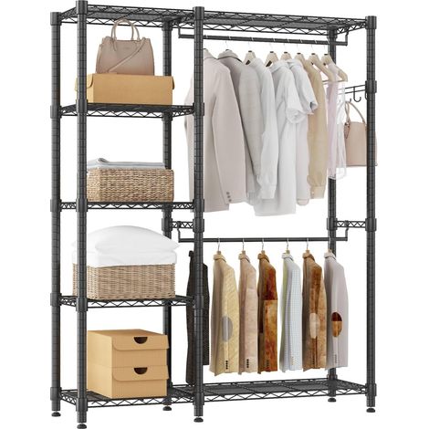 114 x 45 x 195 cm Armoire ouverte pour chambre à coucher, portant à vêtements robuste avec 5 étagères réglables en hauteur, 2 tringles et 4 crochets, portant métallique autoportant, Noir (1/5)