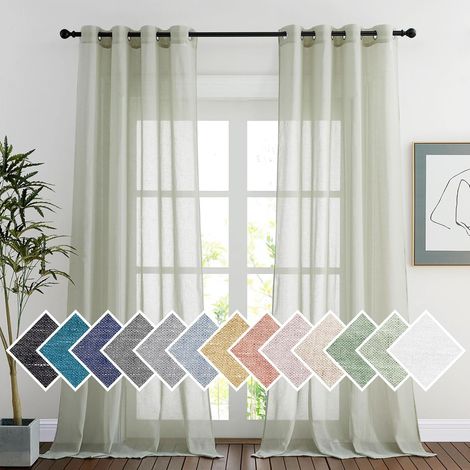 Rideaux Vert - Rideau Voilage Texture de Lin Effet Voile Panneaux Draperies pour Maison Chambre Porte Décoration Unique avec Oeillets, L 140cm x H 220cm, Sauge Vert, Lot de 2 (1/5)