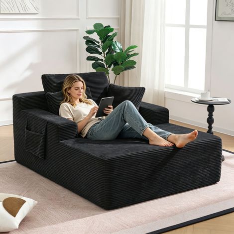 Canapé convertible 1 place en velours côtelé – Canapé-lit modulaire en velours côtelé avec accoudoirs et coussin – Sans montage – 150X110 cm – Design élégant – Noir (1/5)