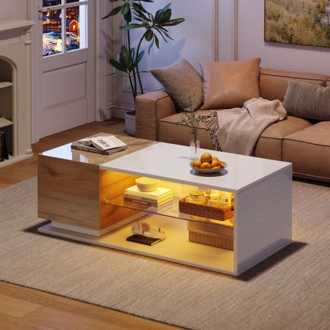Tavolino da caffè LED bianco lucido, tavolo da soggiorno con contenitore, 105x50x36 cm (1/5)