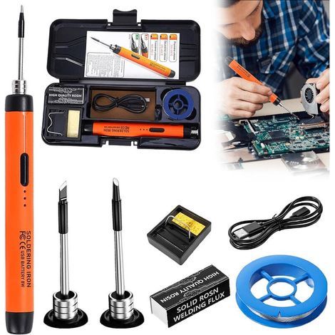Fer à souder Kit de -Fer à souder USB avec 3 températures réglables de 300 °C à 450 °C, 3 pointes à souder, support de fer à souder, fil à souder, pâte à souder, kit de soudure sans fil pour (1/5)