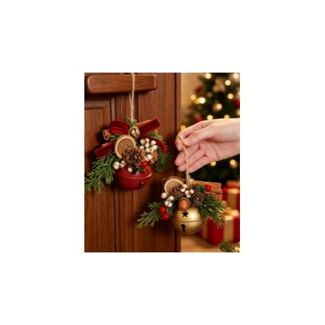 cloches de noel lot de 2 pieces décor mélangé bois de cerf noeud pomme de pin suspensions pour sapin vitrine voiture décoration festive fête de noel maison (1/4)