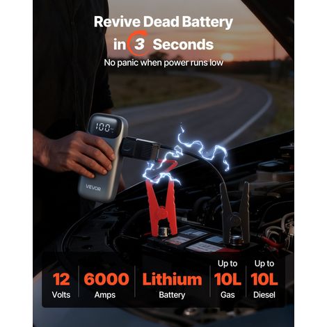 Booster Batterie Voiture 6000 A Démarreur de Batterie au Lithium Portable pour Démarrage Voiture Moteurs Essence 10 L et Diesel 10 L, avec Lampe Torche 3 Modes d'Éclairage, Câble de Démarrage (1/5)