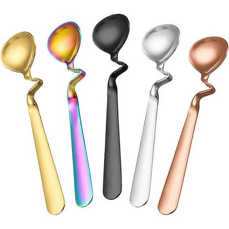 Cuillères à miel en acier inoxydable compatibles, 5 pièces, couleurs assorties, manche incurvé (1/5)