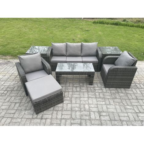 Fimous 6 places Salon de jardin avec Table basse rectangulaire 2 Tables d'appoint Grand tabouret Outdoor Rattan Set (1/5)