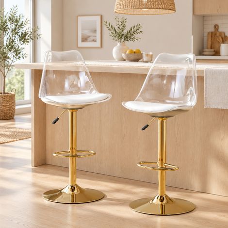 Ensemble de 2 tabourets de bar réglables et pivotants, transparents et blancs DESVIAE (1/5)
