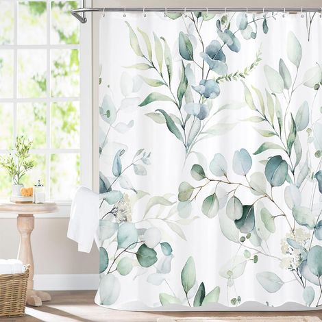 Rideau De Douche - Polyester 150x180 cm - Imprimé Botanique Eucalyptus - Antitache - Ourlet Contre-Vent - Avec 12 Crochets (1/5)