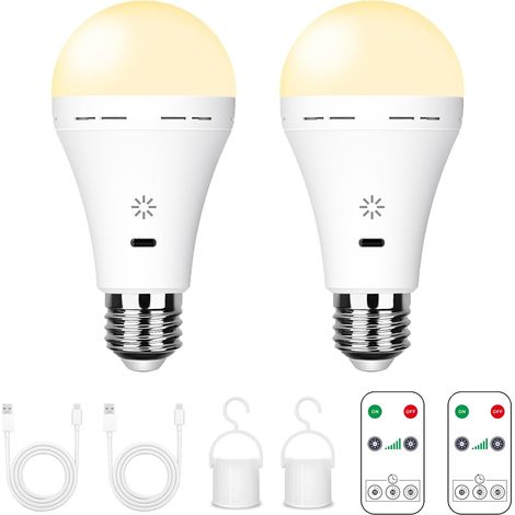 USB C Ampoule Rechargeable Avec Télécommande, 7W LED Batterie, E27 Tactile Dimmable Avec Fonction de Synchronisation, Extérieur Camping Ampoule De Secours Avec Crochet,3000k/2 pack (1/5)