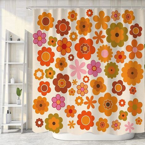 Rideau de douche à fleurs rétro, lot de rideaux de douche en tissu vintage des années 70, motif tournesol brun orange, style hippie, bohème, jaune, avec crochets, 180 x 200 cm (1/5)