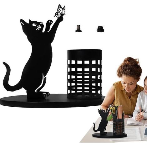 Portapenne a forma di gatto, accessorio da scrivania, organizer da scrivania con struttura in metallo, 36 x 65 x 36 cm, nero. (1/5)