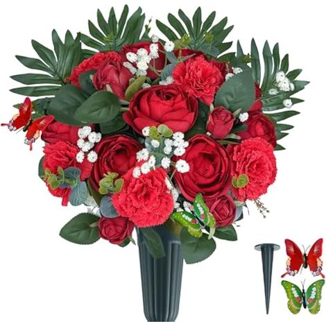 MUVIC Fleurs artificielles de cimetière avec vase pour décoration de tombe, rose, camélia, œillet de bébé, bouquet de fleurs commémoratives pour cimetière, pierre tombale, vase et papillon inclus (1/5)