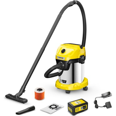 Kärcher WD 3-18 Aspirapolvere a Cilindro Secco e Bagnato 18V 5Ah 17 L 225 W Senza Fili IPX4 colore Giallo Acciaio Inox (1/5)