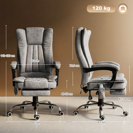 Fauteuil de bureau réglable en hauteur avec fonction chauffante et massante, repose-pieds, revêtement en microfibre ergonomique, 62 x 70 x 113-120 cm, gris (1/5)