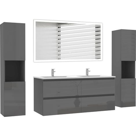 Ocean Ensemble de Meuble salle de bain 120cm anthracite Haut Brillant, miroir led + 2 colonnes 131.5cm (1/5)