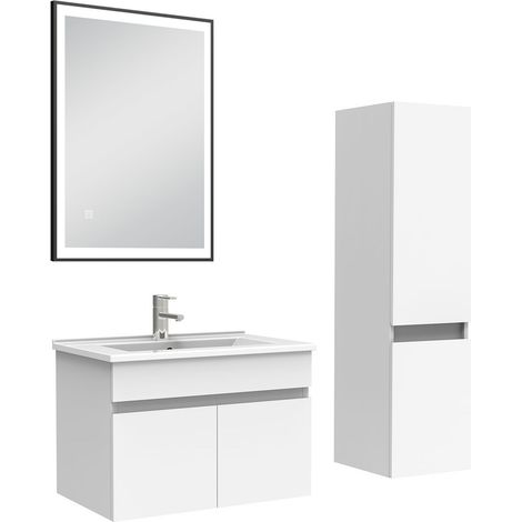 AICA Meuble simple vasque 60cm avec colonne et miroir lumineux Blanc (1/5)