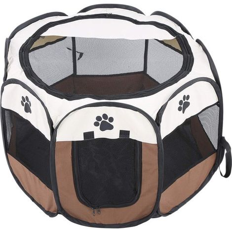 Tenda per animali domestici OmGoods Dailygoody, pieghevole e portatile, per uso interno ed esterno, in tessuto a rete traspirante color marrone caffè, ideale per cani e gatti. (1/5)