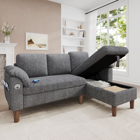 Sofá esquinero en forma de L, sofá de 3 plazas con chaise longue con almacenamiento, se puede montar a la izquierda o a la derecha, puerto de carga USB/Tipo-C, bolsillo lateral, 2 cojines de reposabra (1/5)