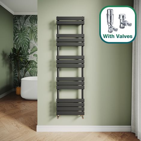 ELEGANT Modern Central Heating Towel Radiator Bathroom Flat Panel Heated Towel Rail 1600x450mm Black + Chrome Thermostatic Radiator Valves
