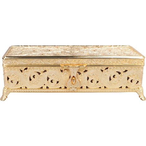 Boîte à bijoux vintage rectangulaire en métal avec velours doux, coffret anti-rouille pour colliers, boucles d'oreilles et bagues - Idéal cadeau pour femmes et filles (1/5)
