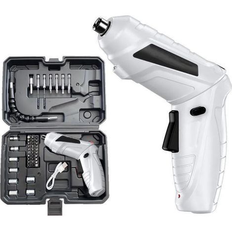 Perceuse Visseuse Sans Fil 3.6Nm, Visseuse Devisseuse 1800mAh 3.6V + 47 Accessoires, 2 Sens Rotation + Lampe LED, Câble Charge USB, Idéal pour Artisans, Installation de Meubles et Jouets(Blanc) (1/4)