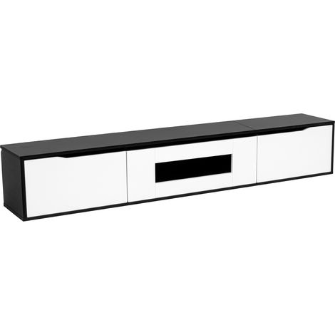 Meuble TV mural moderne 180 cm noir et blanc laqué avec éclairage LED et USB (1/5)