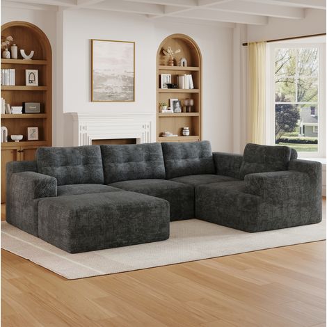 MODFU – Divano modulabile a U 252x180 cm in ciniglia con 5-6 posti, pouf, design senza telaio e carico 250 kg per seduta – Grigio (1/5)