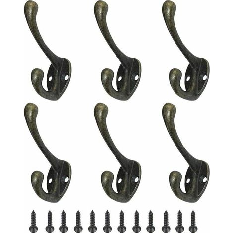 Lot de 6 patères vintage en métal, crochets pour vêtements et chapeaux, avec vis en bronze, taille unique. (1/5)