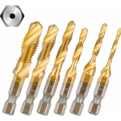 Tarauds Combinés 6 pcs 1/4' HSS M3-M10 - Hexagonaux, Bois, Plastique, Aluminium, Métal Dur (1/5)