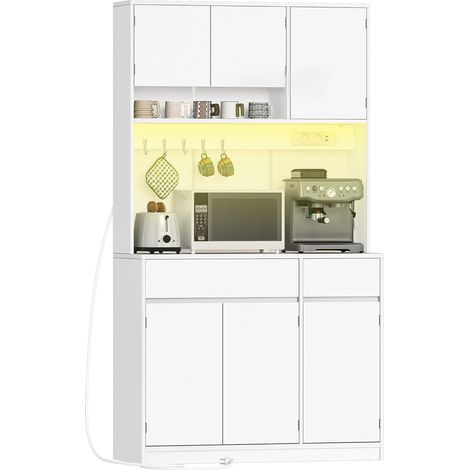 Vaisselier blanc avec multiprise intégrée – Grand espace de rangement 100x40x180 cm – Étagères réglables et éclairage LED – Pour cuisine et salon