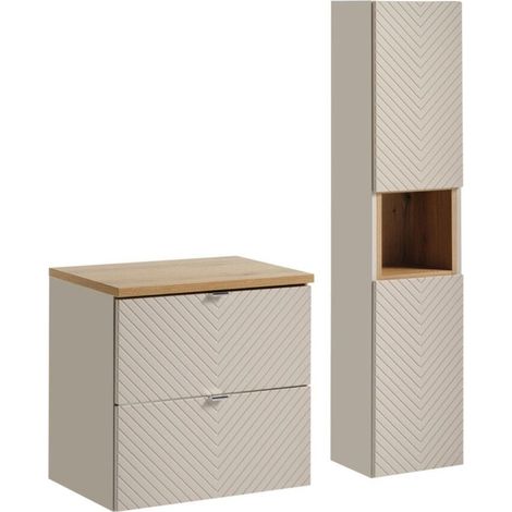 Set bagno AOKI: mobile sottolavabo con cassetti 60cm + piano lavabo effetto legno + colonna