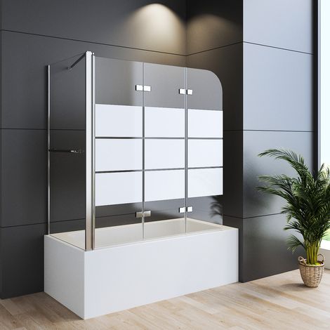 Gestreift Duschwand für Badewanne 70 x 120 x 140 cm Duschwand mit Seitenwand 3-teilig Faltbar, Badewannenaufsatz mit Seitenwand Duschtrennwand Faltwand aus 6mm ESG Glas