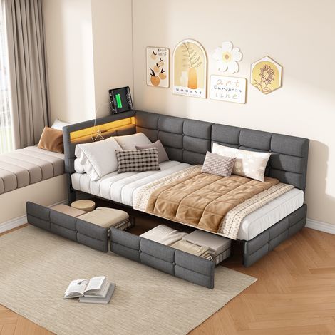 Letto singolo 90x200 cm in lino, 1 piazza, divano letto con testiera smart, LED, porta USB e 2 cassetti contenitore - grigio