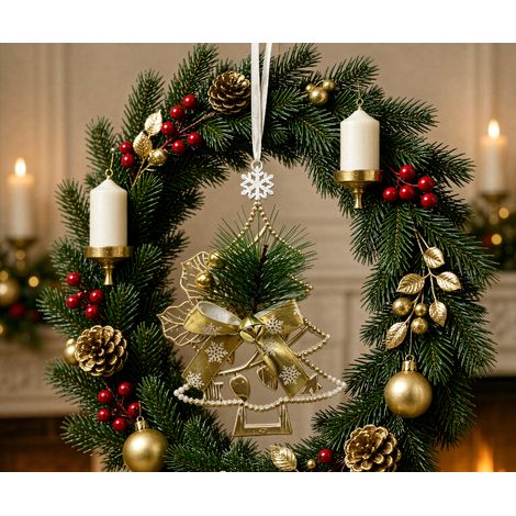 Ornement suspendu sapin de Noël métallique doré, décor de sapin avec ruban et clochette (1/3)