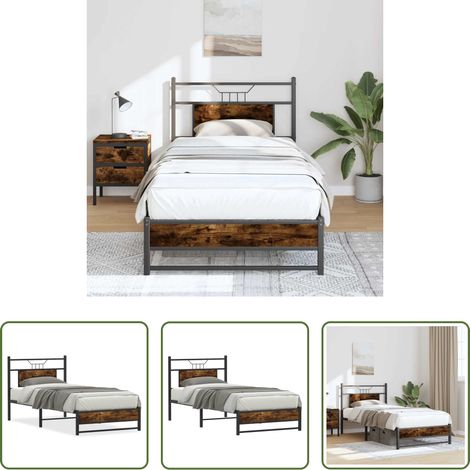 vidaXL TĂȘte de lit - Cadre de lit sans matelas chĂȘne fumĂ© 90x200cm bois d'ingĂ©nierie (1/5)