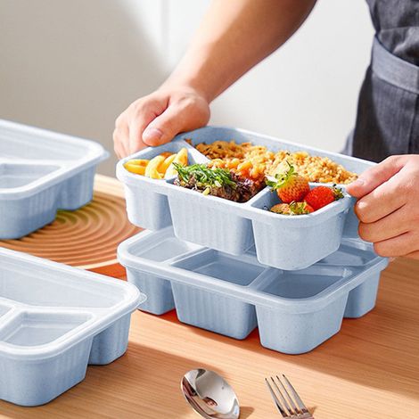 Zweierpack Bento- und Snackboxen, vierteilige Bento- und Snackboxen aus Weizenstroh, wiederverwendbare Lunchboxen für Erwachsene, Lebensmittelaufbewahrung mit Trennwänden. (1/5)