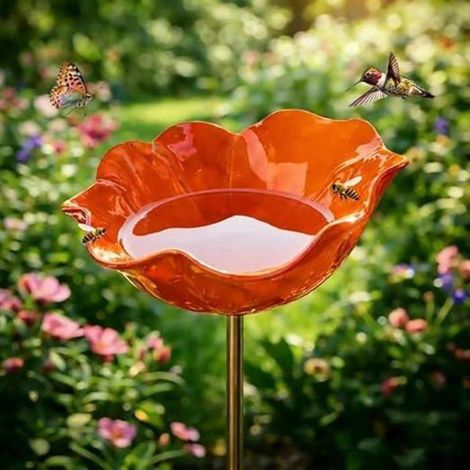 Vasca da bagno arancione per uccelli da esterno, fioriera da giardino con supporto, abbeveratoio per uccelli, mangiatoia decorativa per patio o giardino. (1/3)