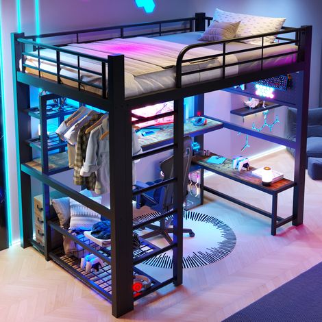 Lit mezzanine, 140×200 cm, métal, avec bande lumineuse LED, étagères, bureau en bois, étendoir à linge, sans matelas, noir (1/4)
